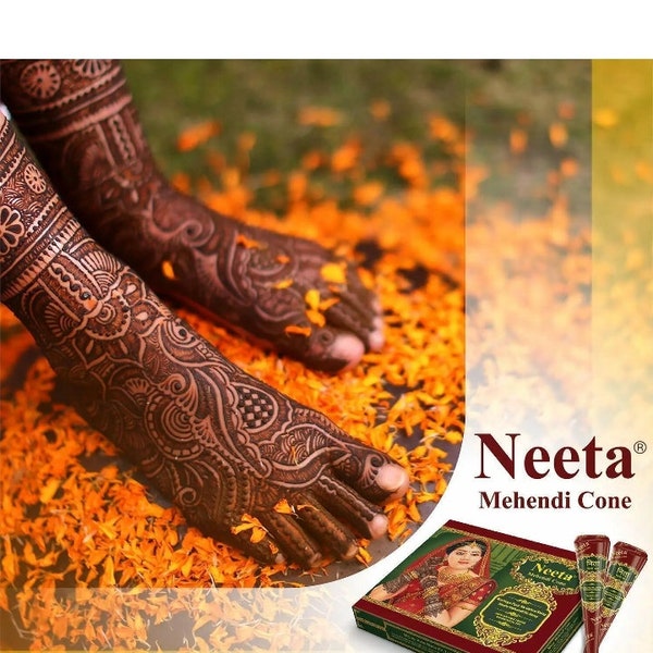 Neeta 100% organic natural Brown henna cones gaurntee dark results. In 4,6,and 12 pack cones. Best for bridal henna art