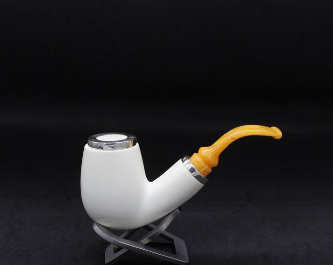 STAR meerschaum pipes / XXL Smooth  bent billiard shape block meerschaum pipe - RC reverse calabash with smoke room