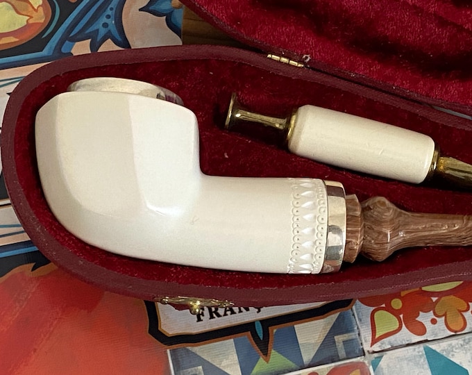 STAR Meerschaum Pipe:  Japanese Kiseru pipe shape inspired Block meerschaum  Reverse Calabash with 925 Silver  top and ring