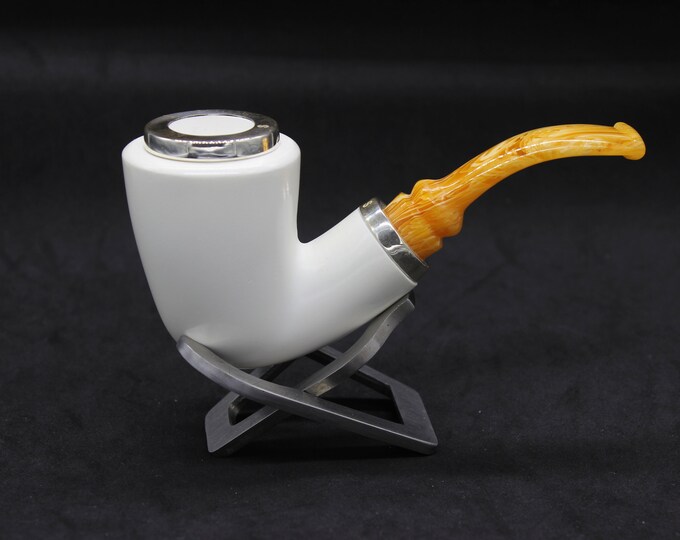 STAR meerschaum pipes /  Smooth finish bent Dublin  shape block meerschaum pipe - RC reverse calabash with smoke room