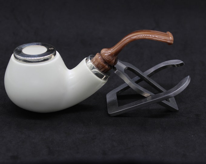 STAR meerschaum pipes /  Smooth finish bent apple shape block meerschaum pipe - RC reverse calabash with smoke room