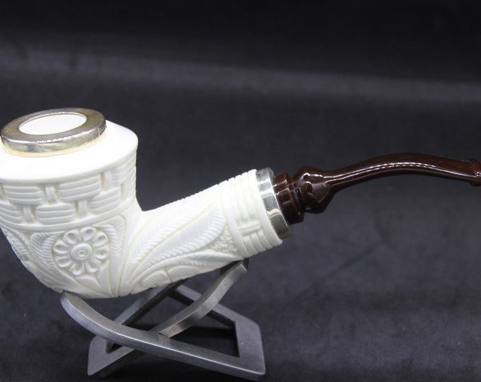 STAR meerschaum pipes /  ORNATE  finish bent Dublin  shape block meerschaum pipe - RC reverse calabash with smoke room