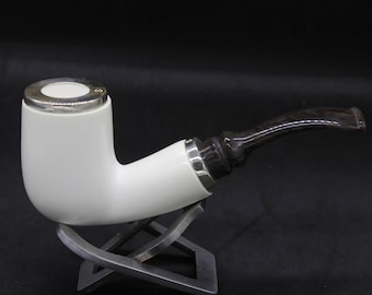 Bent Billiard Meerschaum Pipe: Smooth Finish, 925 Silver, Reverse Calabash