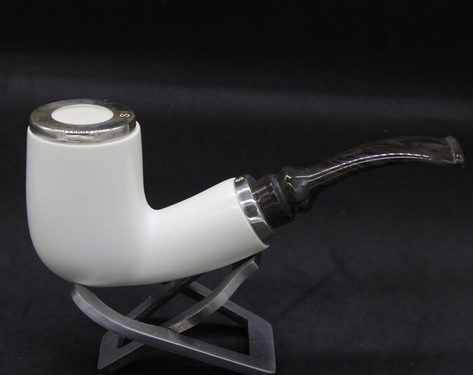 Bent Billiard Meerschaum Pipe: Smooth Finish, 925 Silver, Reverse Calabash