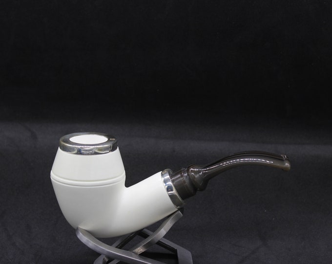 STAR meerschaum pipes / Smooth special bent Rhodesian shape block meerschaum pipe - RC reverse calabash with smoke room