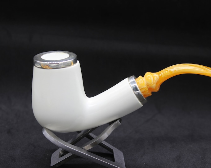 STAR meerschaum pipes /  Smooth finish bent billiard  shape block meerschaum pipe - RC reverse calabash with smoke room