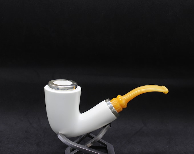 STAR meerschaum pipes /  Smooth finish bent Dublin  shape block meerschaum pipe - RC reverse calabash with smoke room