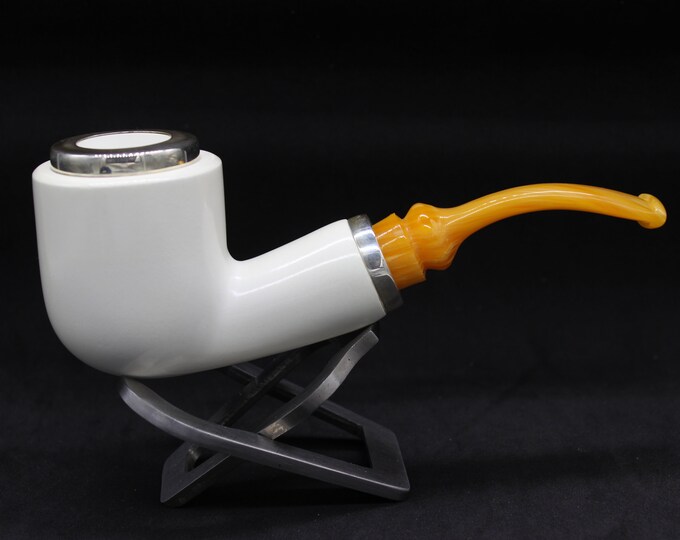 STAR meerschaum pipes /  Smooth finish special design bent shape block meerschaum pipe - RC reverse calabash with smoke room