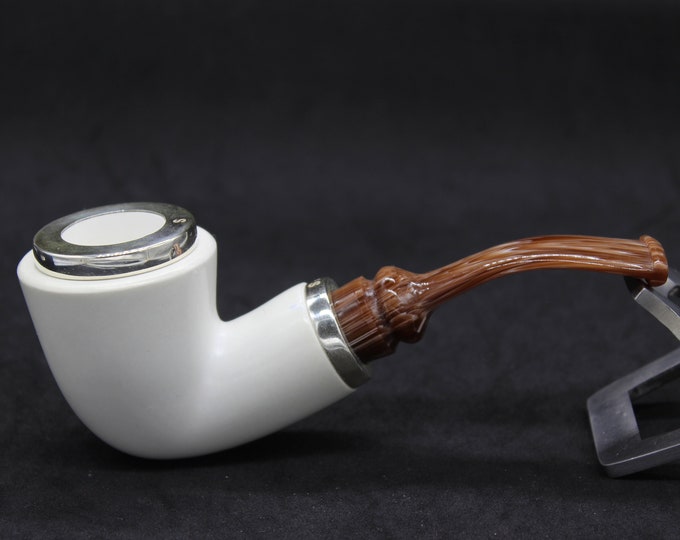 STAR meerschaum pipes /  Smooth finish bent Dublin  shape block meerschaum pipe - RC reverse calabash with smoke room