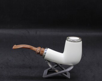 Bent Billiard Meerschaum Pipe – Smooth, Silver Accents, Reverse Calabash
