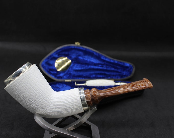 STAR meerschaum pipes /  Rustic wood like finish horn shape block meerschaum pipe - RC reverse calabash with smoke room