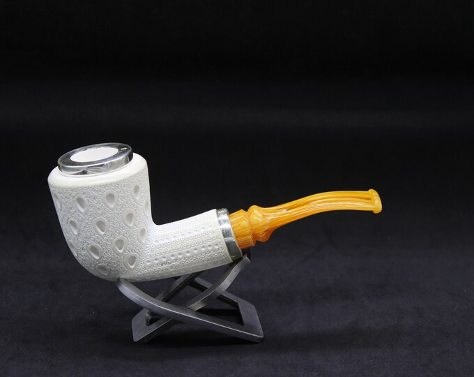 STAR meerschaum pipes /  Lattice finish bent Dublin shape block meerschaum pipe - RC reverse calabash with smoke room