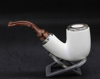 STAR Meerschaum Pipe: Bent Billiard Shape with 925 Silver