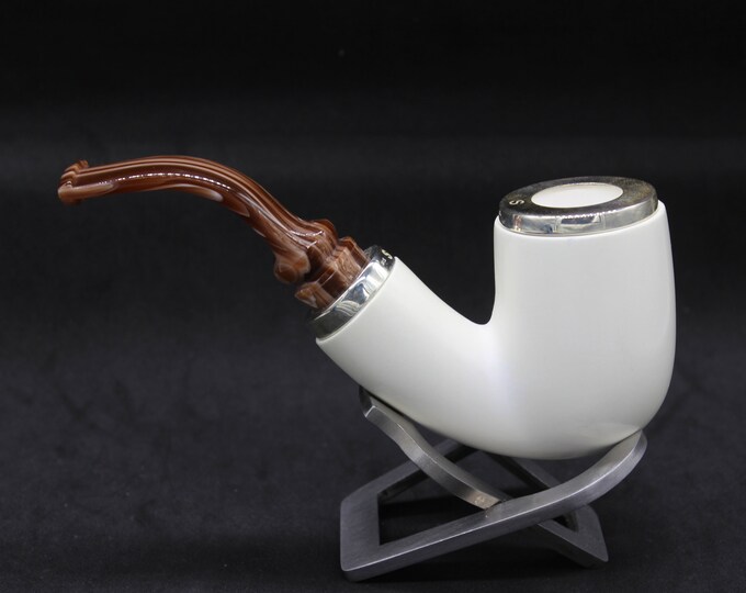 STAR meerschaum pipes /  Smooth finish bent billiard  shape block meerschaum pipe - RC reverse calabash with smoke room