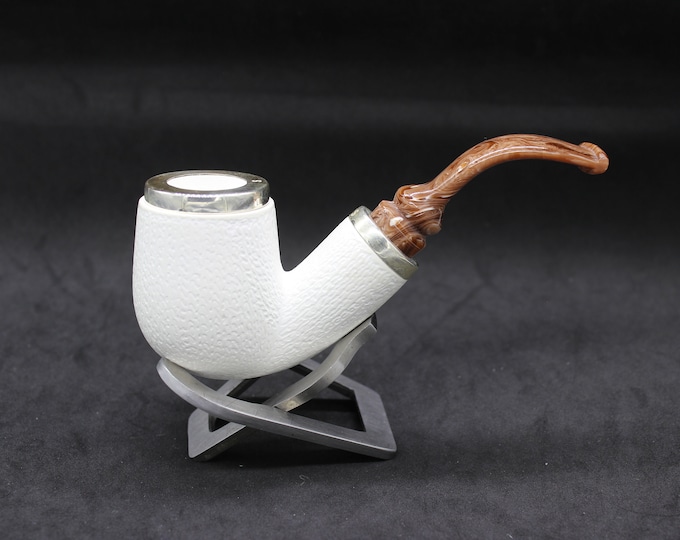 STAR Meerschaum Pipe: Rustic Bent Billiard, Reverse Calabash, 925 Silver