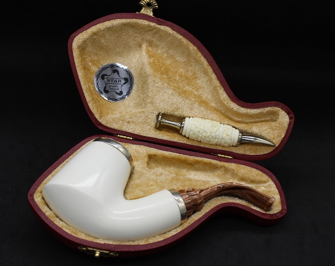 STAR meerschaum pipes / Smooth  bent Volcano shape block meerschaum pipe - RC reverse calabash with smoke room