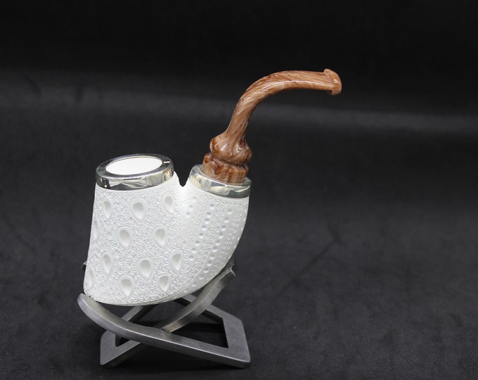 STAR meerschaum pipes /  Lattice finish bent billiard Volcano shape block meerschaum pipe - RC reverse calabash with smoke room