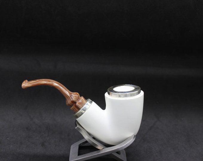 STAR meerschaum pipes /  Smooth finish bent Sherlock style Calabash shape block meerschaum pipe - RC reverse calabash with smoke room