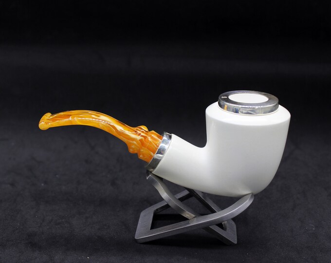 STAR meerschaum pipes /  Smooth finish bent Dublin shape block meerschaum pipe - RC reverse calabash with smoke room