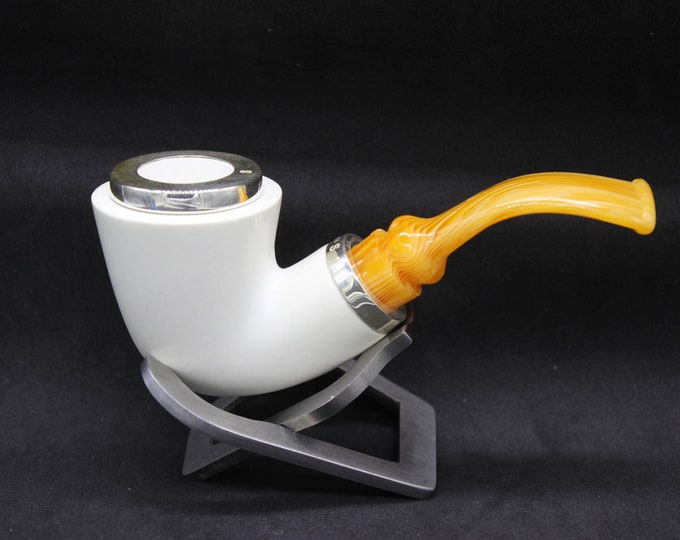 STAR meerschaum pipes /  Smooth finish bent Dublin  shape block meerschaum pipe - RC reverse calabash with smoke room