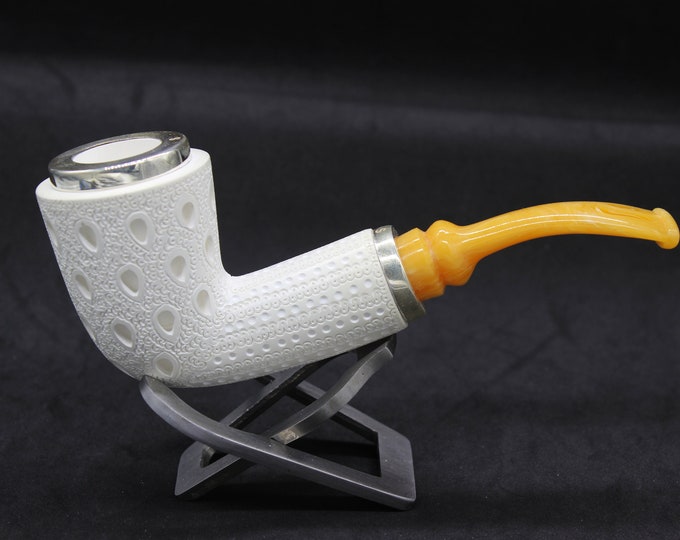 STAR meerschaum pipes /  lattice finish bent Dublin shape block meerschaum pipe - RC reverse calabash with smoke room