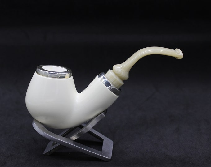 STAR meerschaum pipes /  Smooth finish bent apple shape block meerschaum pipe - RC reverse calabash with smoke room