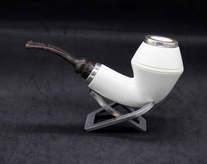 STAR meerschaum pipes /  Smooth finish bent Rhodesian  shape block meerschaum pipe - RC reverse calabash with smoke room