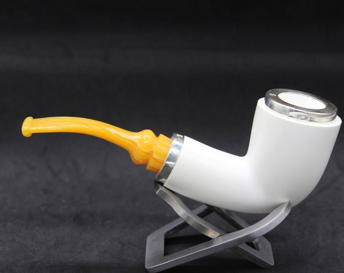 STAR meerschaum pipes /  Smooth finish special design bent billiard  shape block meerschaum pipe - RC reverse calabash with smoke room