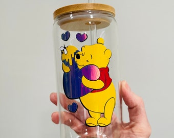 Valentine Day, Winnie the Pooh-inspired Valentine Glass cup with Lid and Straw