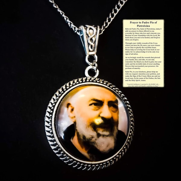 Padre Pio pendant handmade religious necklace saint jewellery picture trapped behind a glass dome comes with a printed prayer Irishmade