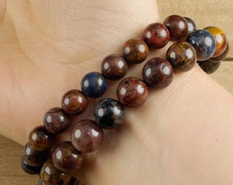 PIETERSITE Crystal Round Bead Bracelet  :  Metaphysical Healing Stones, Unique Blue Brown Gemstone Jewelry, E1043