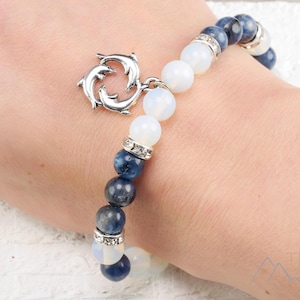 OPALITE And KYANITE Dolphin Charm Bead Bracelet  :  8mm Round Blue Crystal Jewelry, E0974