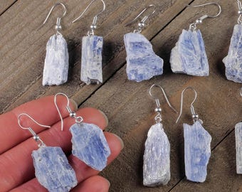 Blue KYANITE Crystal Earrings  :  Raw Dangle Natural Stone Electroplated Silver Jewelry, E1453