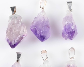 AMETYST Kristallhänge - Naturlig Lila Rå Ädelsten Chakra Punkt Halsband, Violett Födelsesten Smycken, E0250