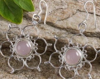 ROSE QUARTZ Flower Statement Earrings – Sterling Silver, Natural Pink Crystal Lotus Design Jewelry, E0445