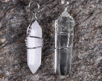 Clear Or White QUARTZ Point Pendant -  Wire Wrapped Healing Crystal Jewelry, Meditation Stone,  E0140