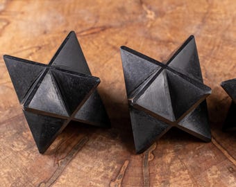 Carved SHUNGITE Stone Merkaba – Polyhedron Sacred Geometric Crystal Shape, Boho Home Decor, E0124