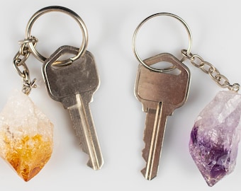 CITRINE Or AMETHYST Keychain  :  Raw Crystal Key Ring, Yellow Purple Gemstone Charm, E2052
