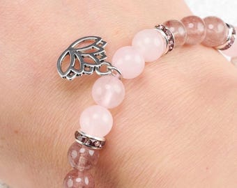 Strawberry And Rose QUARTZ Bead Bracelet  :  Lotus Flower Charm Pink Crystal Handmade Jewelry, E0971