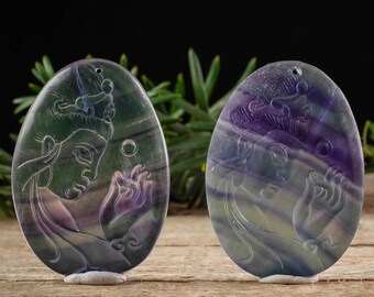 FLUORITE Crystal Pendant - Carved Oval Quan Yin Flat Bead, Metaphysical Stone Jewelry, E1533