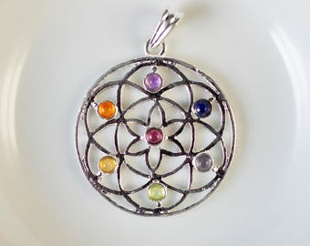 Gemstone CHAKRA Pendant  - Sacred Geometry Flower Of Life 7 Crystals Silver Plated Jewelry, E0144