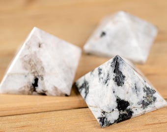 MOONSTONE Pyramid with BLACK TOURMALINE- Sacred Geometry, Polished Stone, Crystal Carving, E2059