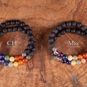 CHAKRA and LAVA Rock 8mm Round Beaded Bracelet  :  Essential Oil 7 Crystal Jewelry, E1968