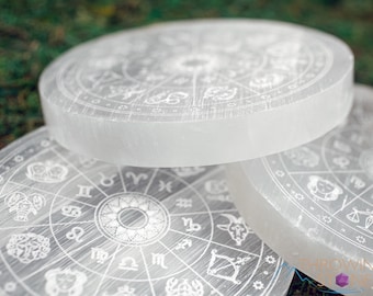 SELENITE Zodiac Wheel Charging Plate - Selenite gravé, Crystal Healing, Astrological Chart , Charging Station, E1901