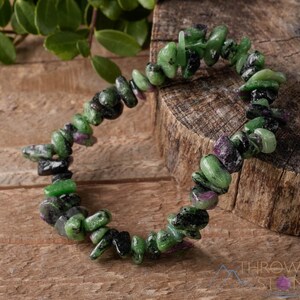 Handcrafted Genuine Ruby Zoisite chip bracelet. These green and red tumbled chips are drilled and strung on beading cord to create an endless bracelet. Each crystal bracelet is unique in shape and color and has a wrist circumference of about 6 inches