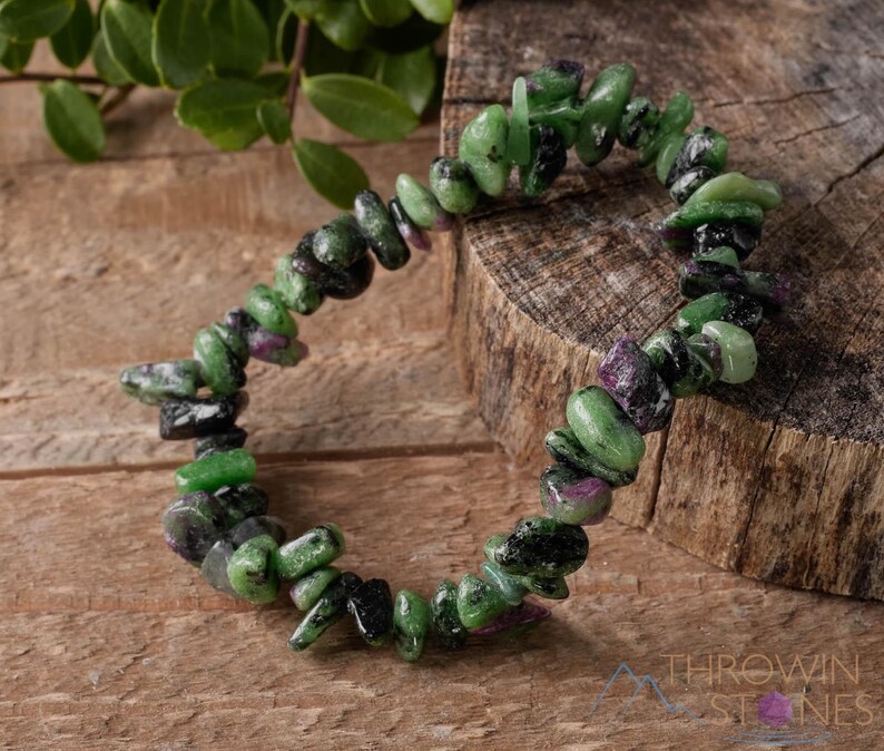 Handcrafted Genuine Ruby Zoisite chip bracelet. These green and red tumbled chips are drilled and strung on beading cord to create an endless bracelet. Each crystal bracelet is unique in shape and color and has a wrist circumference of about 6 inches