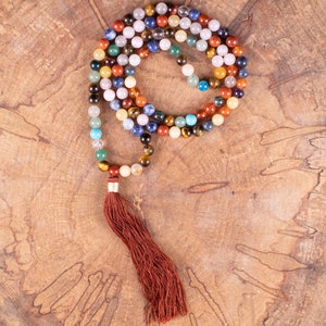 Rainbow Mala Tassel Necklace - 108 Crystal Prayer Beads, Spiritual Protection, Meditation Jewelry, E2038