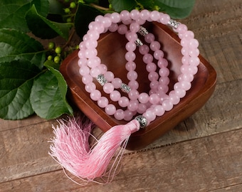 ROSE QUARTZ Mala Necklace - Religious Jewelry, Crystal Healing, Round Beaded Necklace, E0670