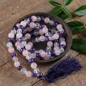 AMETHYST, Rose, & Clear QUARTZ Beaded Necklace - Mala - Handmade Jewelry, Prayer Necklace, Crystal Healing, Mala Necklace, E0538