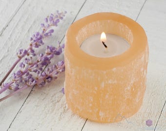 Oranje SELENITE Kaarshouder: ruwe natuursteen theelichtlamp, kristallen toren votief, E1099